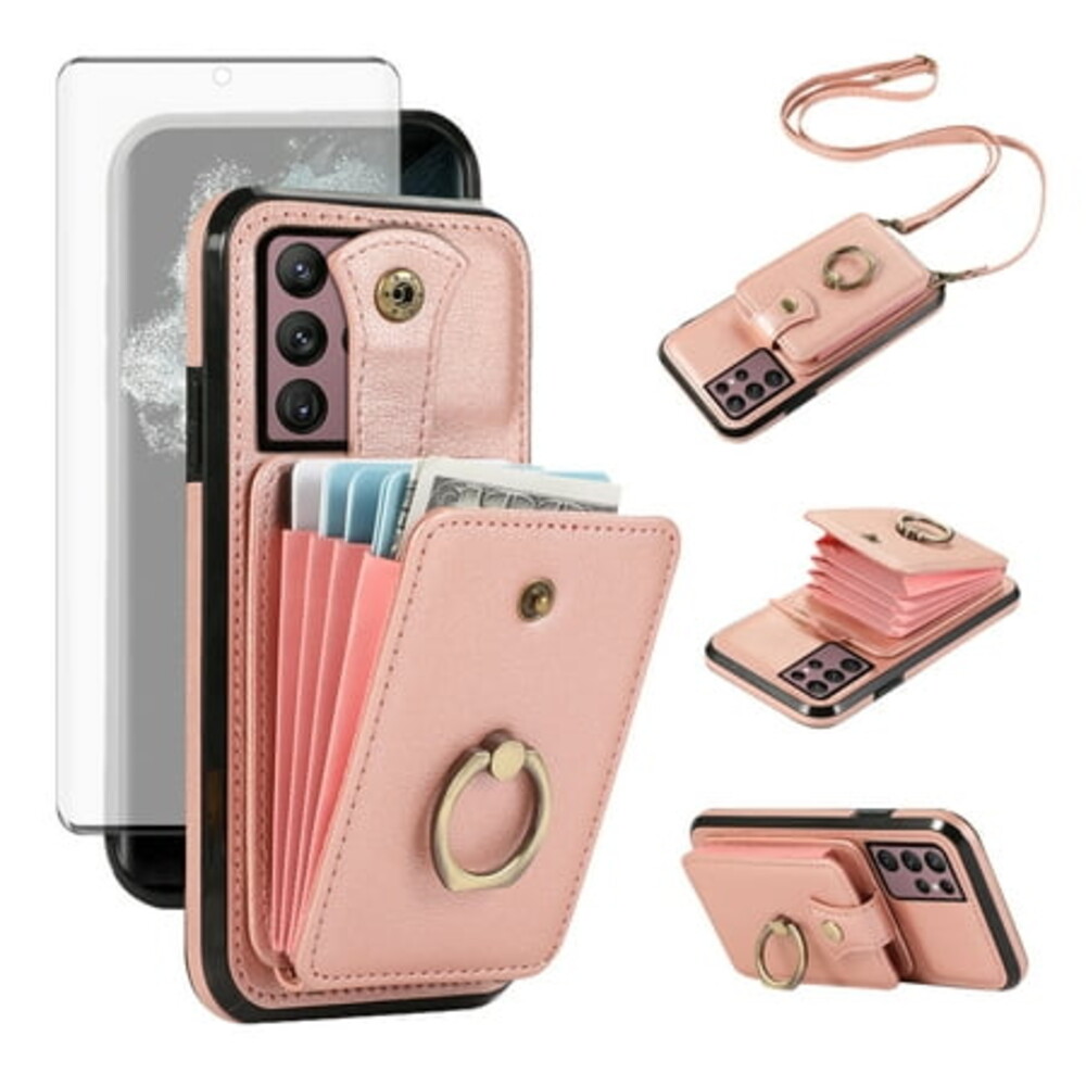 Compatible with Samsung Galaxy S22 Ultra 5G Wallet Phone Case Screen Protector Ring Crossbody Strap Stand Credit Card Holder RFID Cell Cover for S22ultra 22S S 22 S22ultra5g 6.8 Women Girls Rose Gold