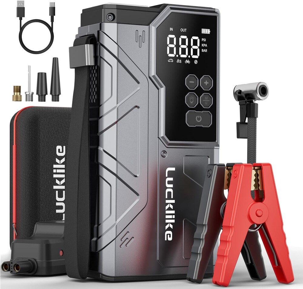 Lucklike W210 Jump Starter with Air Compressor 150 PSI, 12V 6000A Peak Lithium Car Battery Jump Starter for All Gas and 10.0L Diesel, 80.66Wh Booster Jump Box Pack with LED Light, Jumper Cables