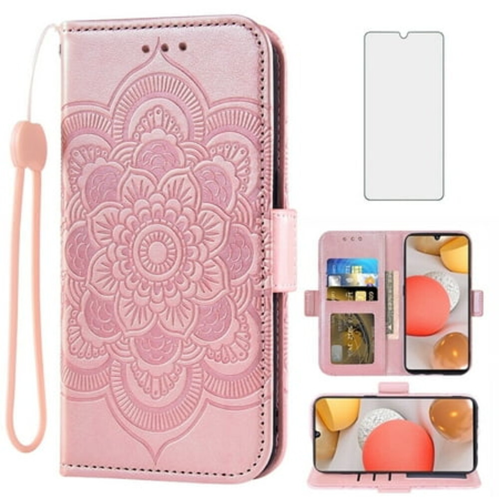 Asuwish Compatible with Samsung Galaxy A42 5G Wallet Phone Case and Tempered Glass Screen Protector Flip Credit Card Holder Stand Mandala Flower Cell Cover for A 42 G5 42A S42 4G 2021 Women Men Pink