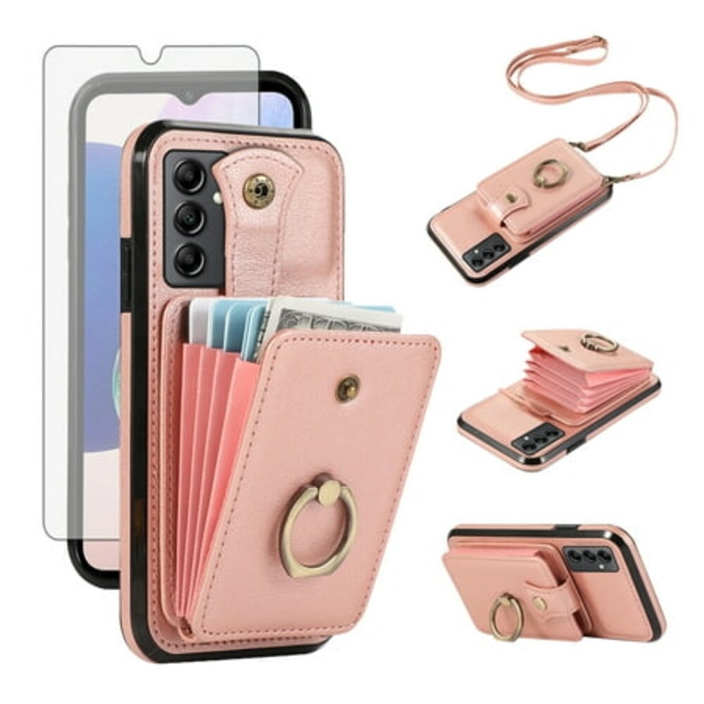 Compatible with Samsung Galaxy A13 5G Wallet Phone Case Screen Protector Ring Crossbody Strap Stand Credit Card Holder RFID Cell Cover for A04S M13 G5 A 13 2022 A135G SM A136U Women Girls Rose Gold
