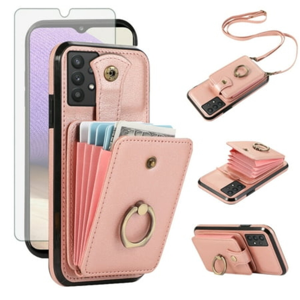 Compatible with Samsung Galaxy A32 5G 2021 6.5 inch Wallet Phone Case Screen Protector Ring Crossbody Strap Stand Credit Card Holder RFID Cell Cover for M32 G5 A 32 32A SM-A326U Women Girls Rose Gold