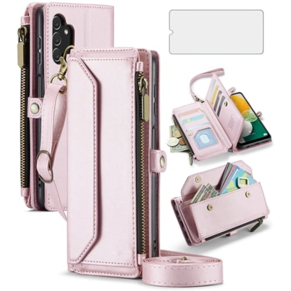 Compatible with Samsung Galaxy A13 5G Zipper Wallet Phone Case Tempered Glass Screen Protector Crossbody Lanyard Strap Flip Card Holder Slot Cell Cover for A04S M13 A13 2022 13A A135G Women Rose Gold