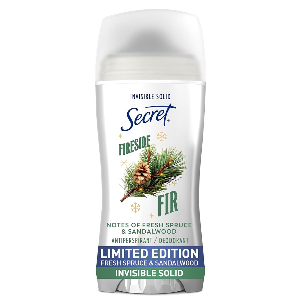 Secret Fresh Antiperspirant Deodorant for Women, 72hr Breathable Odor Protection with Pro-Hyaluronic Acid, Holiday Invisible Solid, Fireside Fir with Fresh Spruce & Sandalwood Scent, 2.6 oz