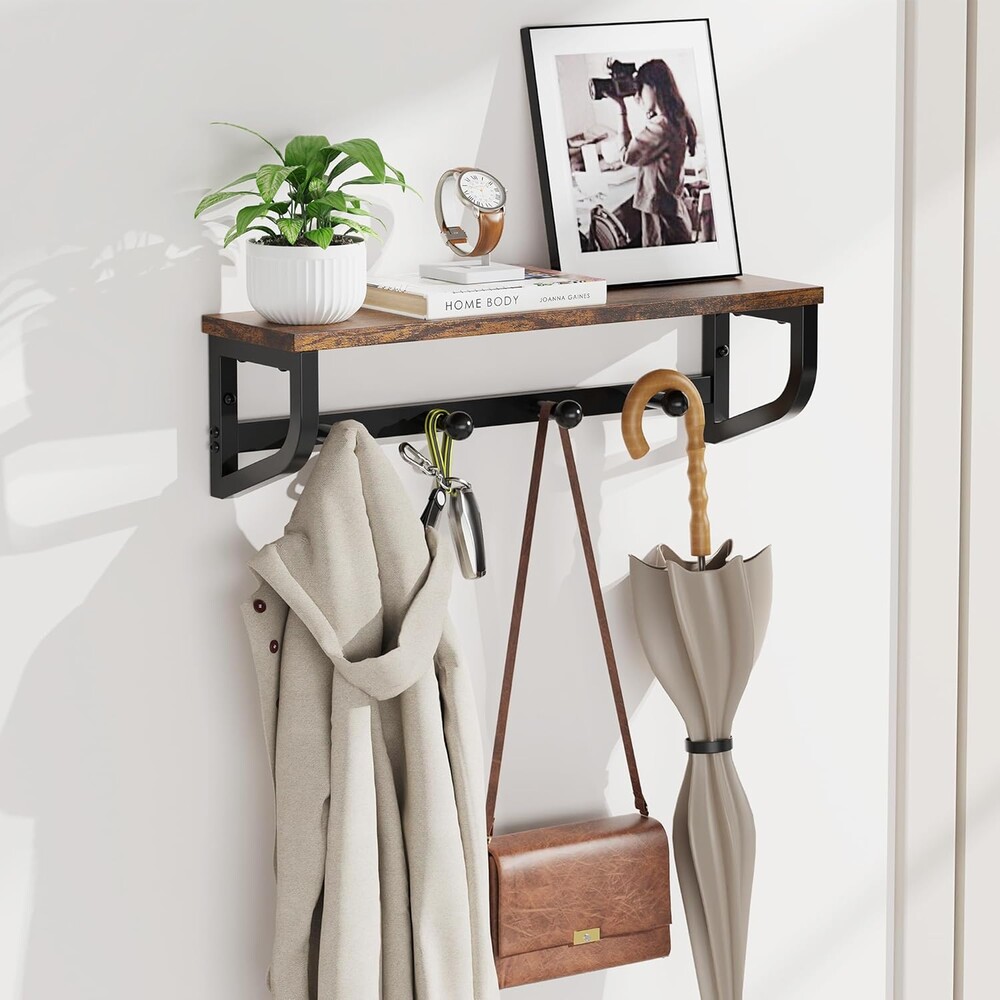 Coat Rack Wall Mount, Wood Wall Shelf with Hooks, Coat Hanger Wall Mount with 4 Metal Hooks, Wall Mounted Coat Rack Organizer for Entryway, Bedroom, Living Room, Room Decor, Brown