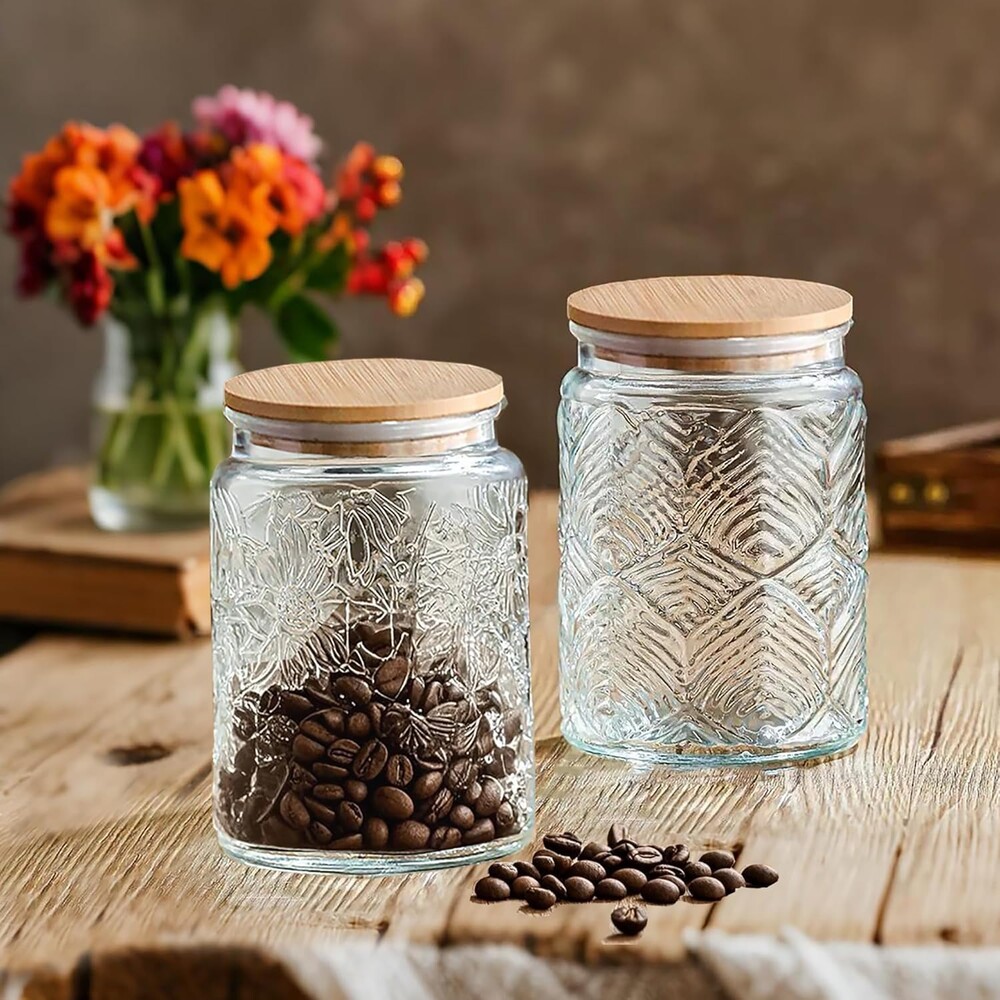Prettidecor 2 Pack Glass Storage Jar with Bamboo Lid, 23.7 FL Oz Kitchen Glass Food Storage Containers for Candy, Coffee Tea Beans, Oats,Flour, Grains
