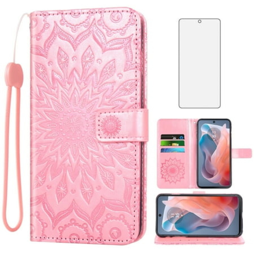 Asuwish Compatible with Motorola Moto G Play 2024 4G Wallet Case Lanyard Leather Flip Card Holder Stand Wrist Strap Cell Phone Cover for XT2413V XT2413-1 64GB Women Men Pink