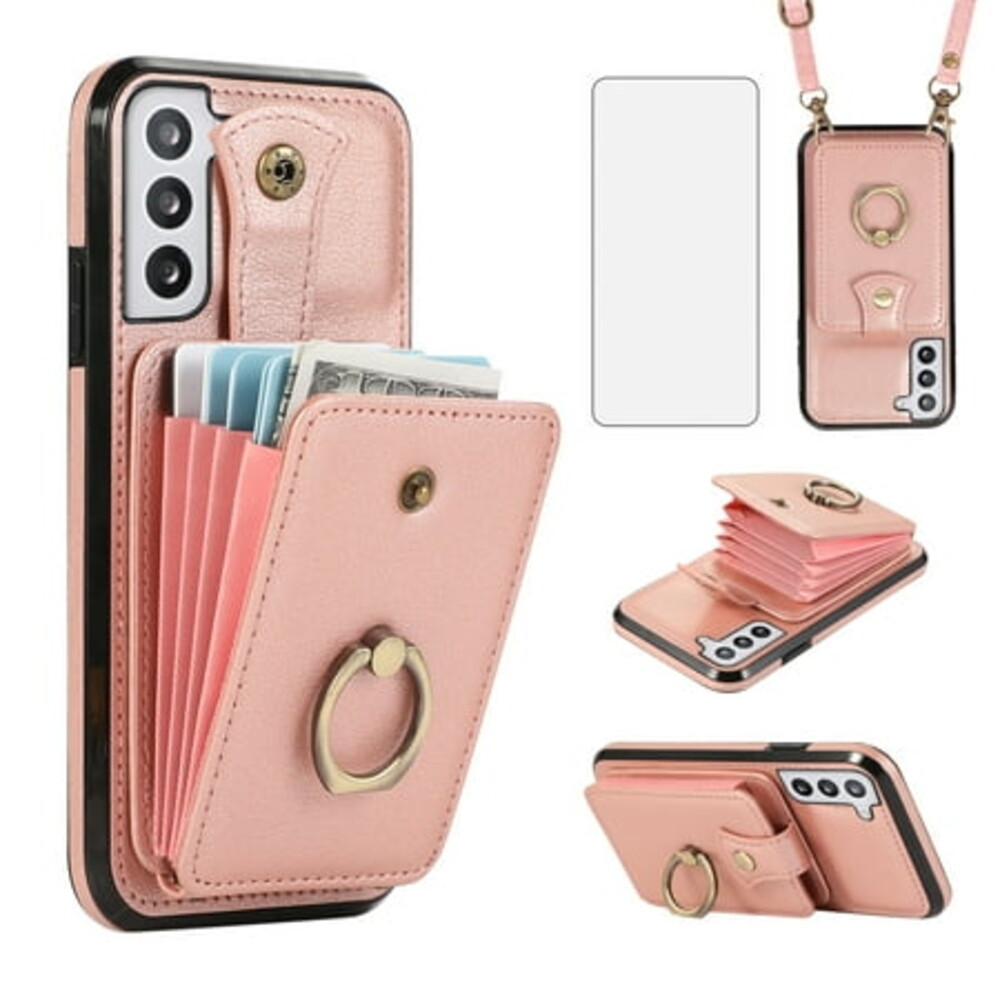 Compatible with Samsung Galaxy S22 Plus S22+ 5G Wallet Phone Case Screen Protector Ring Crossbody Strap Stand Credit Card Holder RFID Cell Cover for S22+5G S22plus 22S + 22 22+ Women Girls Rose Gold