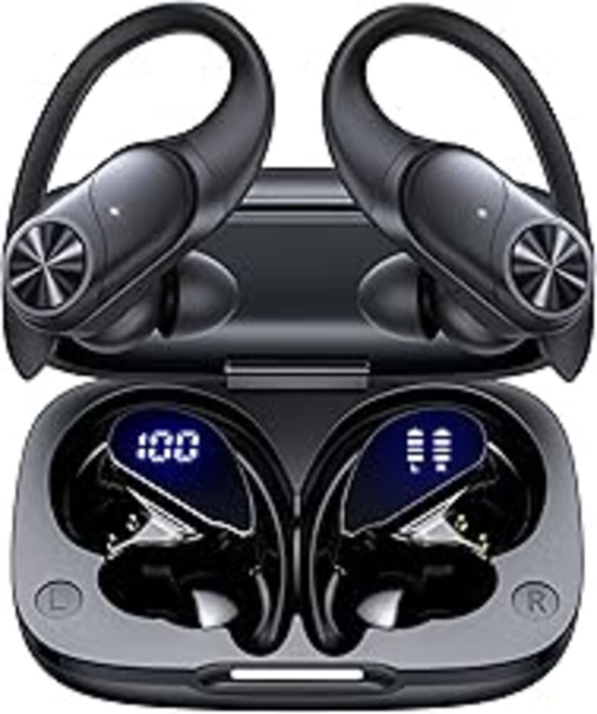 PocBuds Bluetooth Headphones Wireless Earbuds 80hrs Playtime Wireless Charging Case Digital Display Sports Ear Buds with Earhook Deep Bass IPX7 Waterproof Over-Ear Earphones for TV Phone Laptop Black