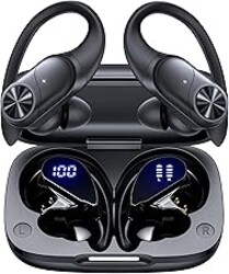 PocBuds Bluetooth Headphones Wireless Earbuds 80hrs Playtime Wireless Charging Case Digital Display Sports Ear Buds with Earhook Deep Bass IPX7 Waterproof Over-Ear Earphones for TV Phone Laptop Black