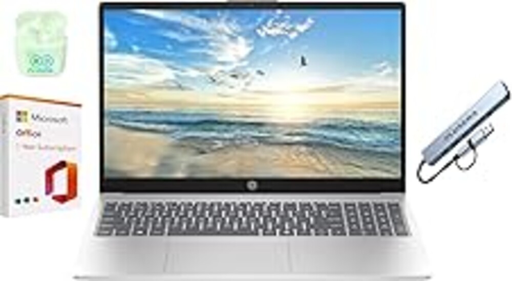HP 15.6" Business Laptop with 1-Year Office 365 with Copliot AI, 16GB RAM 128GB SSD, Quad-Cores Intel Processor, Windows 11, PLUSERA Earphones & 8-in-1 Hub Included, Natural Silver