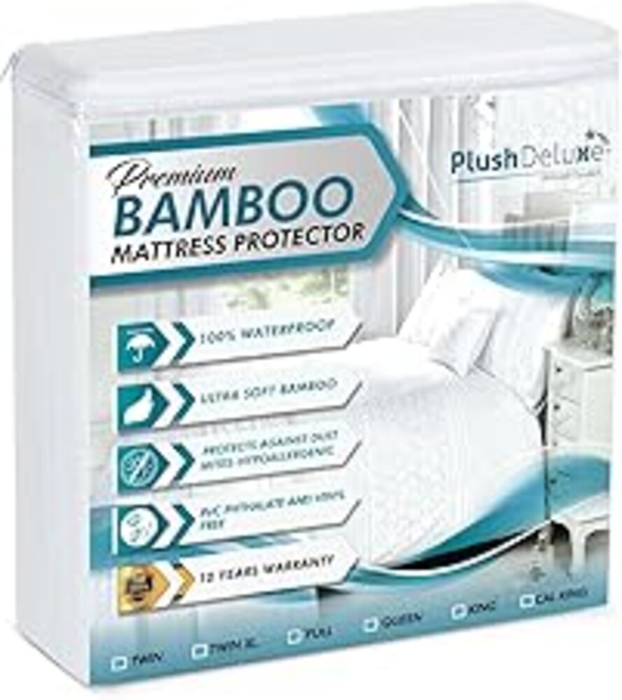 PlushDeluxe Premium Bamboo Mattress Protector – Queen Size, Waterproof, & Ultra Soft Breathable Noiseless Washable Bed Mattress Cover for Comfort & Protection - White
