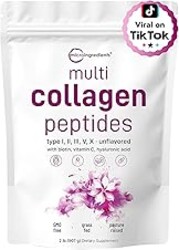 Micro Ingredients Multi Collagen Peptides Powder, 2lb – Hydrolyzed Type I,II,III,V,X with Biotin, Hyaluronic Acid, Vitamin C – Unflavored Collagen for Women & Men, Easy Dissolve, 82 Servings