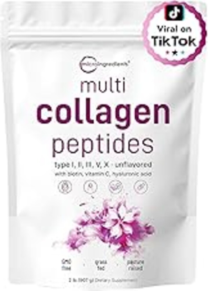 Micro Ingredients Multi Collagen Peptides Powder, 2lb – Hydrolyzed Type I,II,III,V,X with Biotin, Hyaluronic Acid, Vitamin C – Unflavored Collagen for Women & Men, Easy Dissolve, 82 Servings