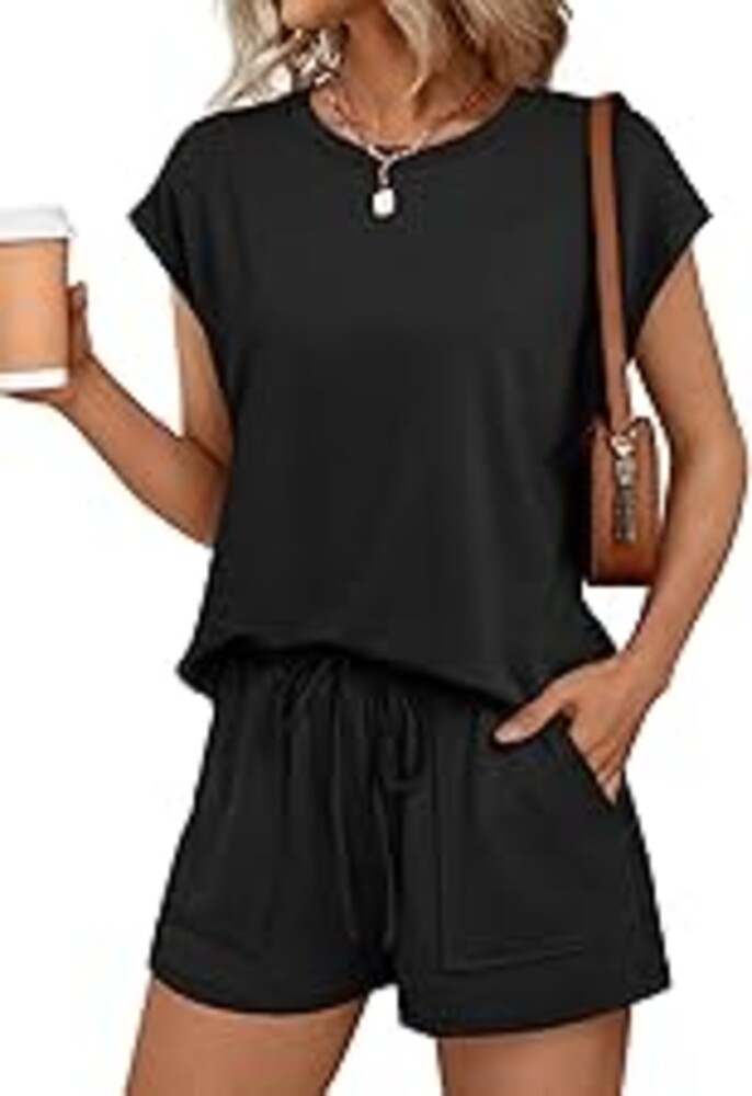 AUTOMET Womens Crew Neck Two Piece Short Sets Cap Sleeve Drawstring Summer Sweatsuit with Pocket