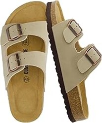 CUSHIONAIRE Lane Cork Footbed Sandals for Women – Comfortable Double Buckle Slip-On with Genuine Suede Footbed & Arch Support Slides for Women Footwear