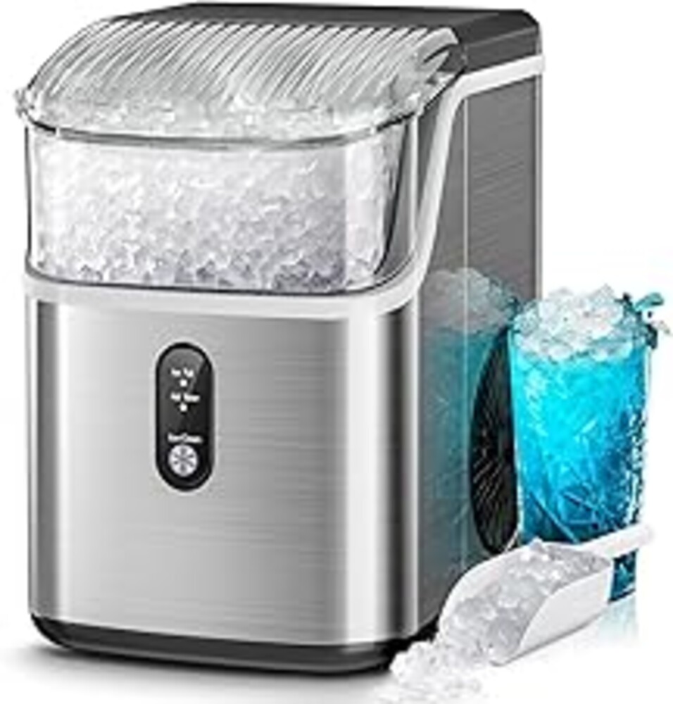 Kismile Nugget Ice Makers Countertop,Portable Ice Machine with Crushed Ice, 35lbs/Day,Self-Cleaning,One-Click Operation for Home Use(Silver)