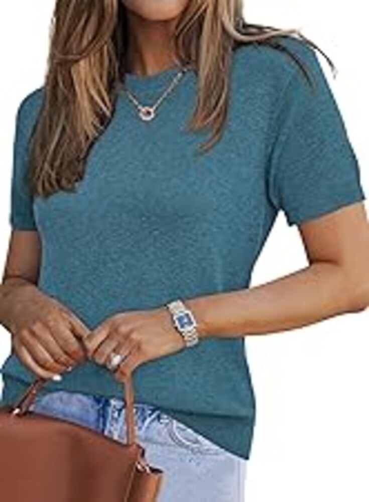 Arach&Cloz Women's Lightweight Wool Blend Short Sleeve Sweater Top Business Casual