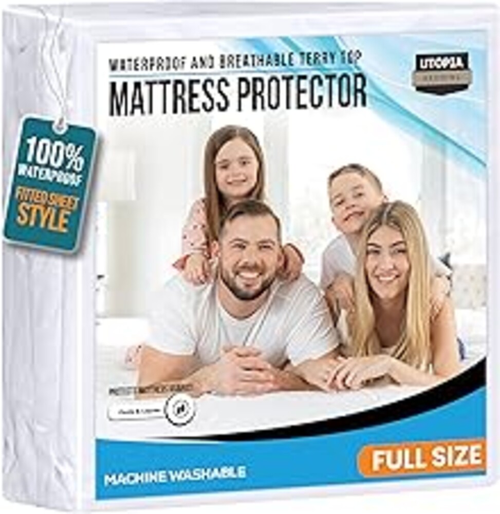 Full Size Mattress Protector Waterproof, Premium 200 GSM Terry Mattress Cover, Soft & Breathable Bed Cover, Fitted Sheet Style Stretchable Deep Pockets 15" by Utopia Bedding (White)