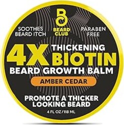 The Beard Club Biotin Beard Balm for Men - Beard Growth Shea Butter with Castor & Coconut Oil - Moisturizing, Hydrating and Softening Cream - Amber Cedar Scent - 4 oz