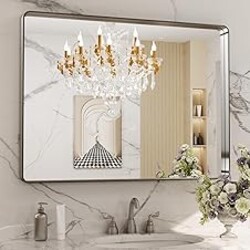 LOAAO 40X30 Inch Brushed Nickel Bathroom Mirror, Rounded Rectangle Silver Metal Frame Mirror, Brushed Nickel, Anti-Rust, Shatter Proof, Hangs Horizontally or Vertically