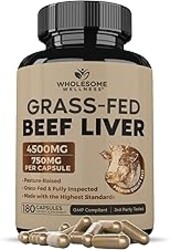 Wholesome Wellness Grass Fed Desiccated Beef Liver Capsules (180 Pills, 750mg Each) - Natural Iron, Vitamin A, B12 for Energy - Raised Undefatted in New Zealand Without Hormones or Chemicals