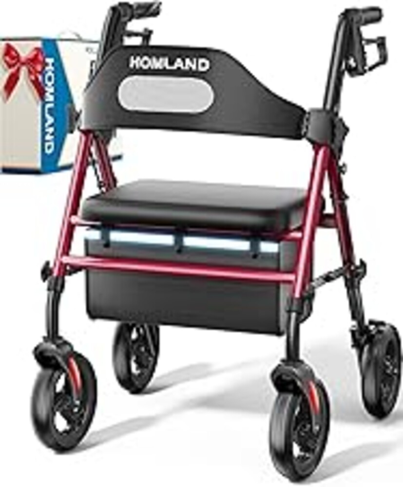 HOMLAND Foldable Rollator Walkers with Seat for Seniors, 8'' Big Wheels, 350 lb. Weight Capacity, Adjustable Handles and Seat Height, Lightweight Rolling Walker, Red