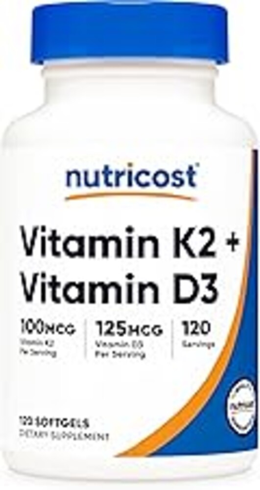 Nutricost Vitamin D3 + K2 (5000 IU D3 / 100mcg MK7), 120 Softgels – Gluten-Free & Non-GMO