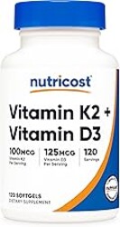 Nutricost Vitamin D3 + K2 (5000 IU D3 / 100mcg MK7), 120 Softgels – Gluten-Free & Non-GMO