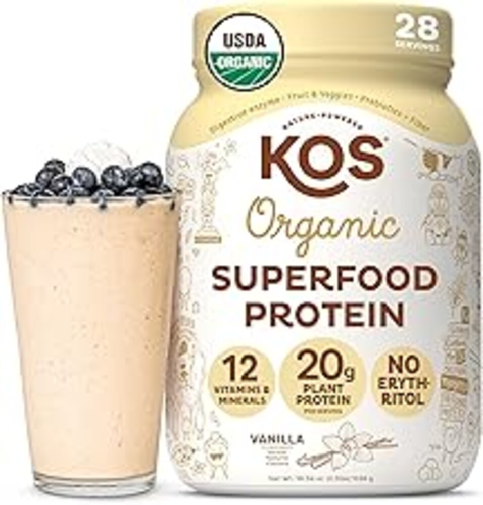 KOS Vegan Protein Powder Erythritol Free, Vanilla USDA Organic - Pea Protein Blend, Plant Based Superfood Rich in Vitamins & Minerals - Keto, Dairy Free - Meal Replacement for Women & Men, 28 Servings
