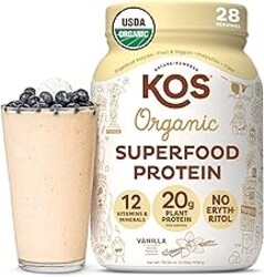 KOS Vegan Protein Powder Erythritol Free, Vanilla USDA Organic - Pea Protein Blend, Plant Based Superfood Rich in Vitamins & Minerals - Keto, Dairy Free - Meal Replacement for Women & Men, 28 Servings