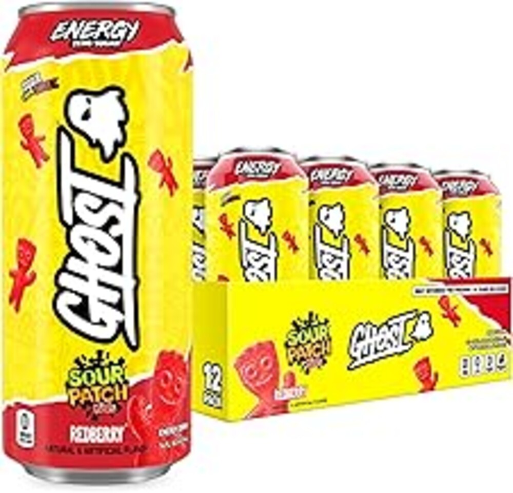GHOST Energy Drink - 12-Pack, Sour Patch Kids Redberry, 16oz - Energy & Focus & No Artificial Colors - 200mg of Natural Caffeine, L-Carnitine & Taurine - Gluten-Free & Vegan