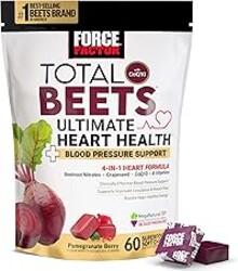 Force Factor Total Beets Ultimate Heart Health Chews for Blood Pressure Support, with Beetroot Powder, CoQ10, B Vitamins & Grapeseed Extract for Blood Flow & Energy, Pomegranate Berry, 60 Soft Chews