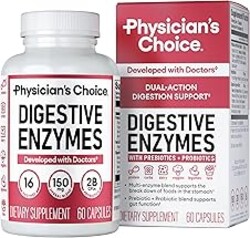 Physician's CHOICE Digestive Enzymes for Bloating & Digestion - Fast-Acting 16 Enzyme Formula with Organic Prebiotics & Probiotics for Gut & Digestive Health - Meal Time Discomfort Relief - 60 CT