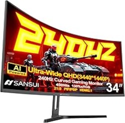 SANSUI 34 Inch 240Hz Ultrawide Curved Gaming Monitor UWQHD 3440×1440, 21:9 2K Curved Monitor 1500R,HDR400,Fast VA, PIP/PBP,AI Crosshair,AIPQ(Visual Enhance),MPRT 1ms,HDMI2.1 * 2,DP1.4 * 2