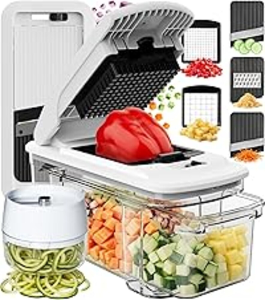 Fullstar XL Vegetable Chopper & Mandoline Slicer – Vegetable, Onion, Potato, Food, Veggie & Fruit Slicer, Dicer & Spiralizer with Pull-Out Catch Tray, Kitchen Gadgets & Gifts (6 in 1, Black/White)