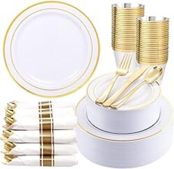 WDF Partyware 350Piece Gold Dinnerware Set for 50 Guests - Gold Plastic Plates with Disposable Cutlery - 50Dinner Plates-50Dessert Plates-50Pre Rolled Napkins with Silverware for Wedding/Mother's Day