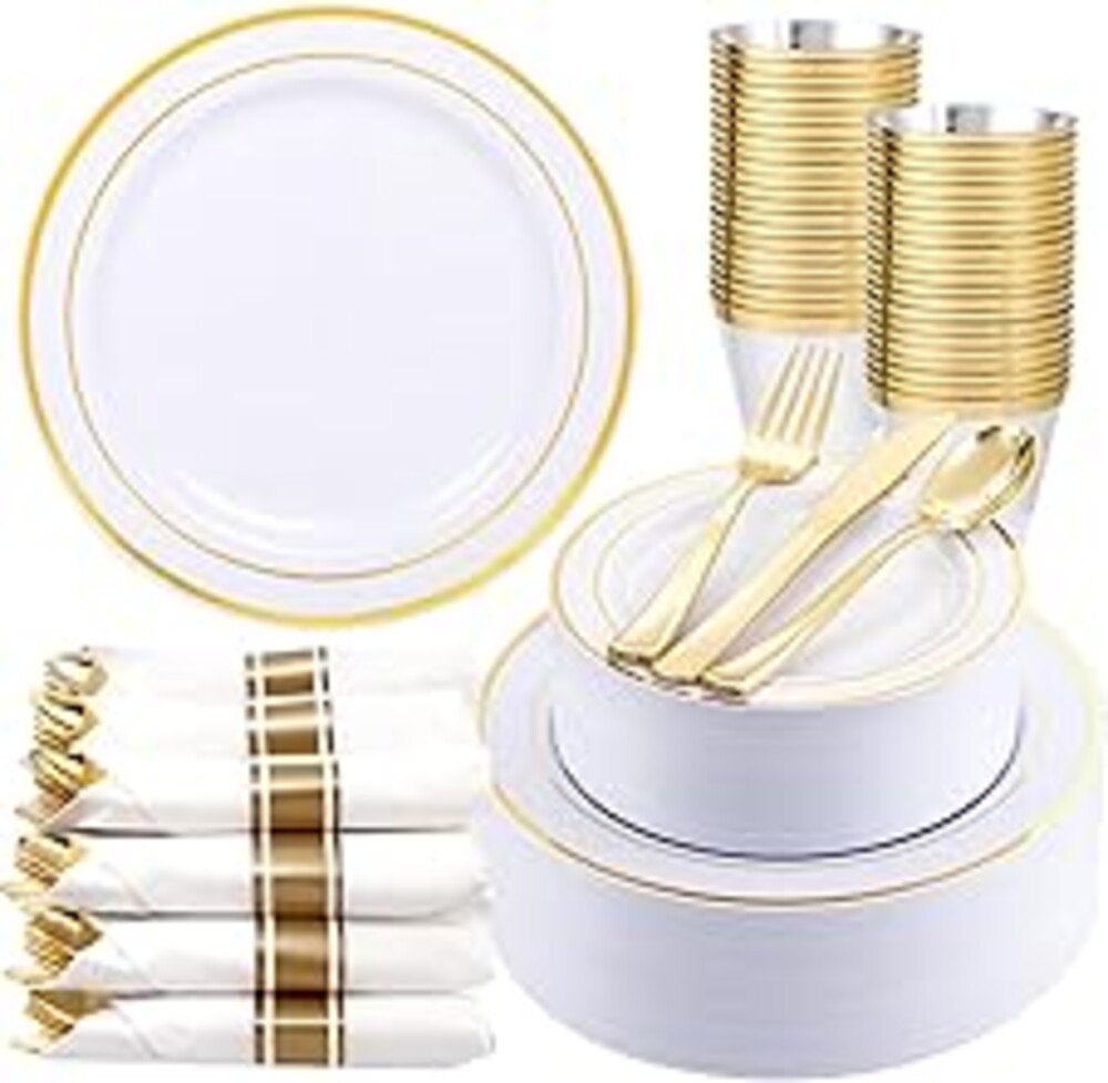 WDF Partyware 350Piece Gold Dinnerware Set for 50 Guests - Gold Plastic Plates with Disposable Cutlery - 50Dinner Plates-50Dessert Plates-50Pre Rolled Napkins with Silverware for Wedding/Mother's Day
