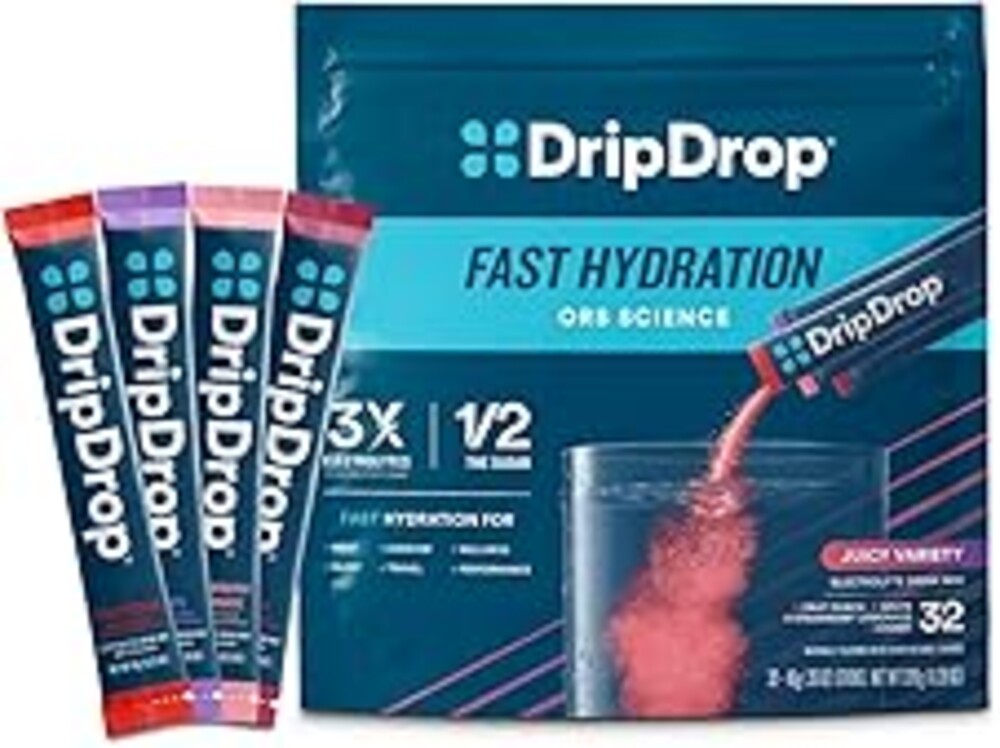 DripDrop Hydration Packets - Juicy Variety Pack - Single Serve Electrolytes Powder Drink Mix - Grape, Fruit Punch, Strawberry Lemonade, Cherry - Non-GMO, Gluten Free, Vegan - 32 Sticks