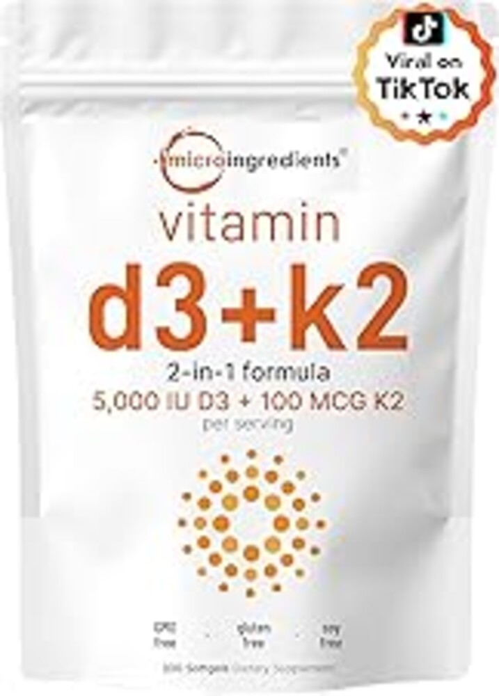 Micro Ingredients Vitamin D3 5,000 IU + K2 MK-7 100 mcg, 300 Softgels | 2-in-1 Vitamins D & K Complex | Extra Strength, Easy to Swallow, Non-GMO, Gluten Free