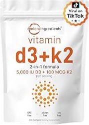 Micro Ingredients Vitamin D3 5,000 IU + K2 MK-7 100 mcg, 300 Softgels | 2-in-1 Vitamins D & K Complex | Extra Strength, Easy to Swallow, Non-GMO, Gluten Free