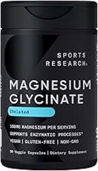 Sports Research® Magnesium Glycinate - Supports Restful Sleep & Enzymatic Processes - 160 mg Chelated Magnesium - Vegan Capsule - 90 Count