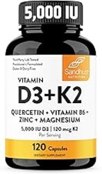 Sandhu's Vitamin D3 K2 Magnesium 5000 IU, 120mcg K2 Capsules 120 Count (Pack of 1) | with VIT B6, Zinc & Quercetin | D3K2 Supports Superior Absorption, Energy, Immune, Muscle Health for Men & Women