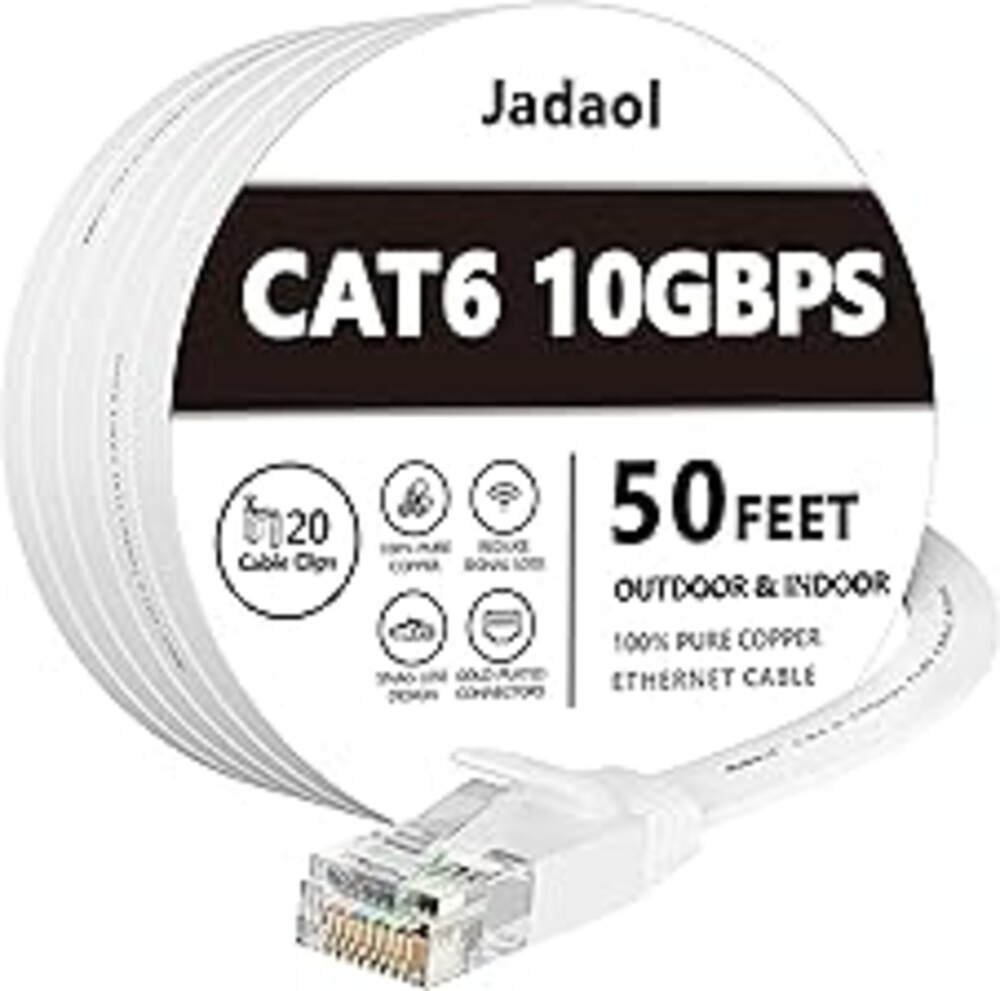 Jadaol Cat 6 Ethernet Cable 50 ft, 10Gbps Support Cat8 Cat7 Network, Flat RJ45 LAN Patch Cable, High-Speed Wired Internet Cable for Router, Modem, Switch, Gaming Consoles, PC, Streaming Devices, White