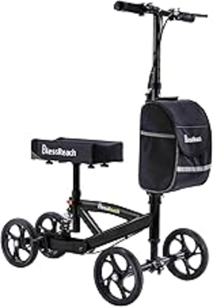 BlessReach Steerable Knee Walker Deluxe Medical Scooter for Foot Injuries Compact Crutches, with Dual Rear on-Wheel Brake and Shock Absorption Under The Knee pad, Black