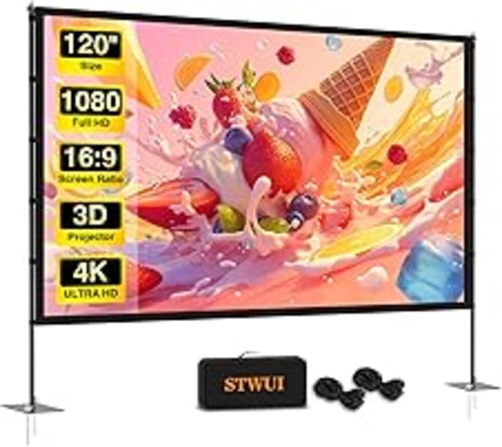 STWUI Outdoor-Projector-Screen-with-Stand - 120 inch Portable Projector Screen Indoor Outdoor Projector Screens 16:9 4K HD Lightweight Movie Screen with Carry Bag for Backyard Movie Night