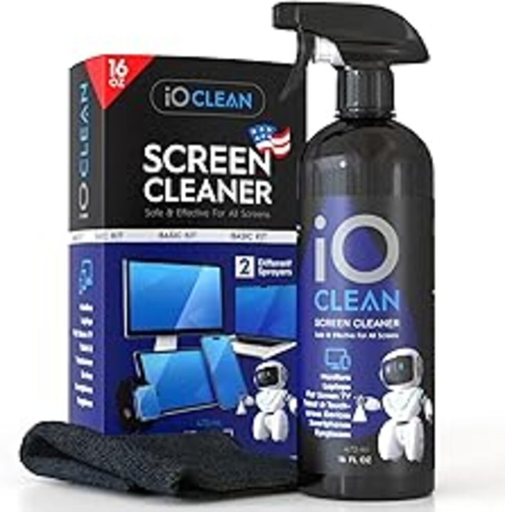 Screen Cleaner Spray (16oz - 473ml) – Best Large Cleaning Kit for LCD LED OLED TV, Smartphone, iPad, Laptop, Touchscreen, Computer Monitor, Electronic Devices, Microfiber Cloth Wipes and 2 Nozzles