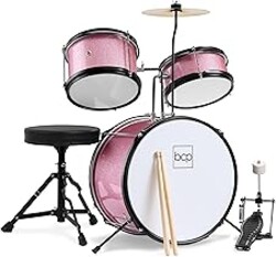 Best Choice Products 3-Piece Beginner Drum Set for Kids Juniors, w/Throne Stool, Cymbal, Drum Sticks, Bass Drum Pedal, 2 Toms - Pink Sparkle