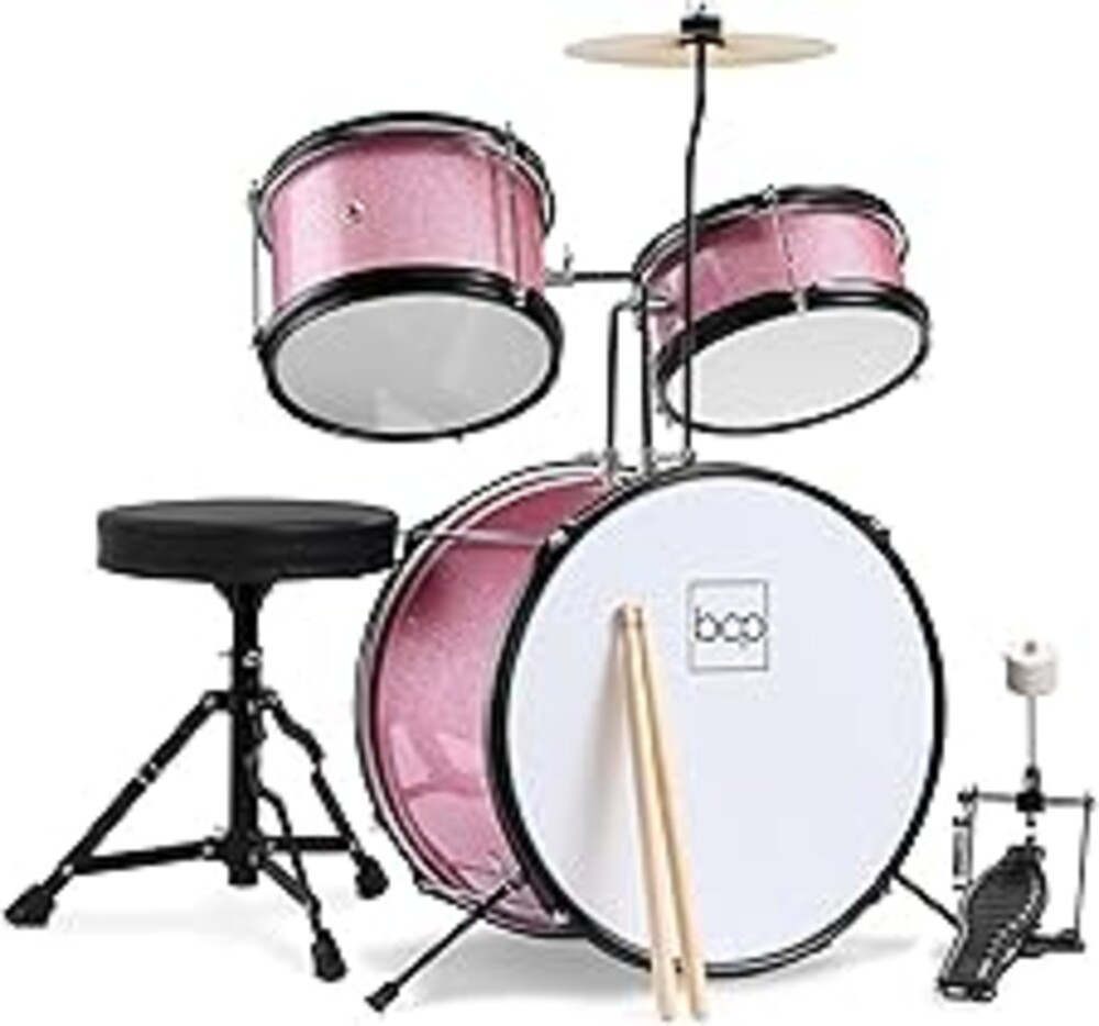 Best Choice Products 3-Piece Beginner Drum Set for Kids Juniors, w/Throne Stool, Cymbal, Drum Sticks, Bass Drum Pedal, 2 Toms - Pink Sparkle