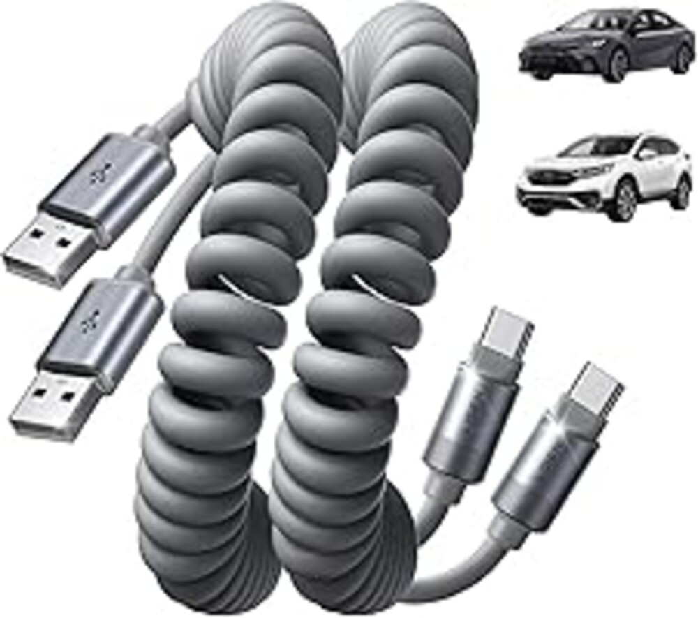 LISEN Coiled USB C Cable, Durable Short USB A to USB C Cable 2 Pack for Android Auto & CarPlay Cable, Short Type C Retractable Car Charger Cord for iPhone 17/16/15 Samsung Galaxy S25/S24 A15, Gray 4FT