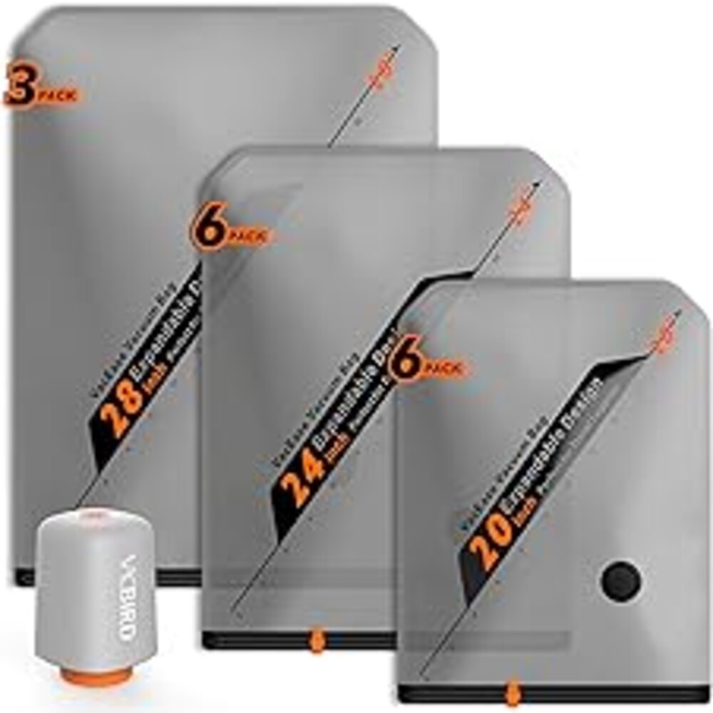 Vacbird Rechargeable Wireless Pump Travel Storage Bags Set - Portable Space Saver Bags for Travel & Home - Vacuum Compression Packing Seal for Clothes, Blankets, Seasonal Storage 15 Combo Set